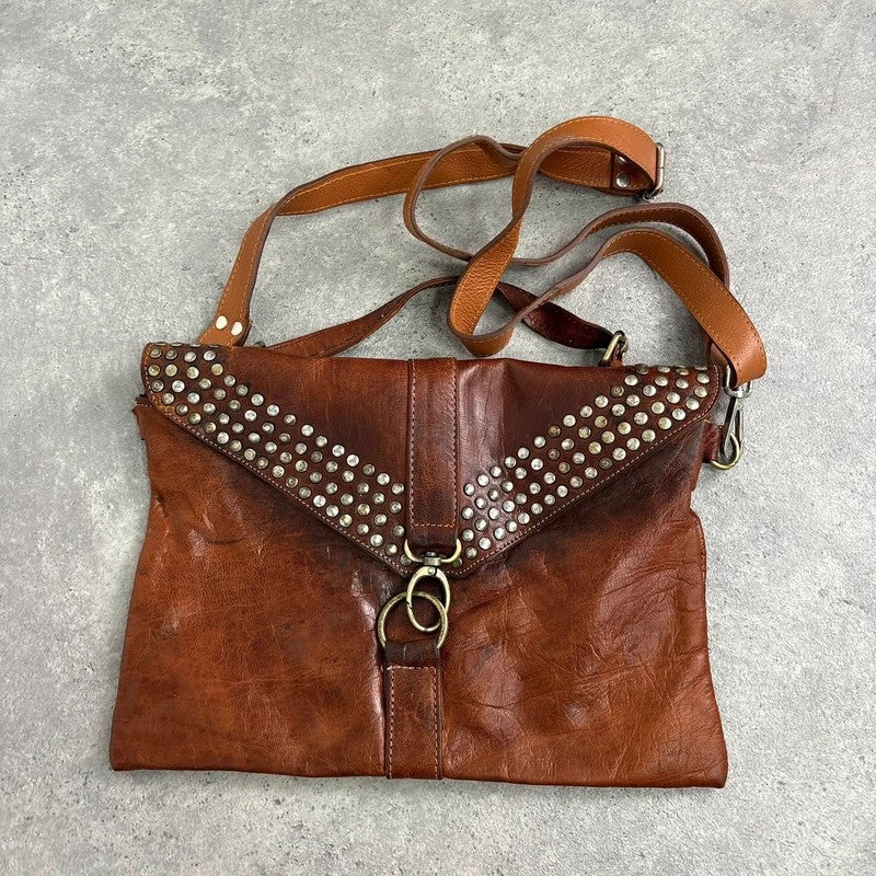 Studded distressed brown leather cargo messenger bag