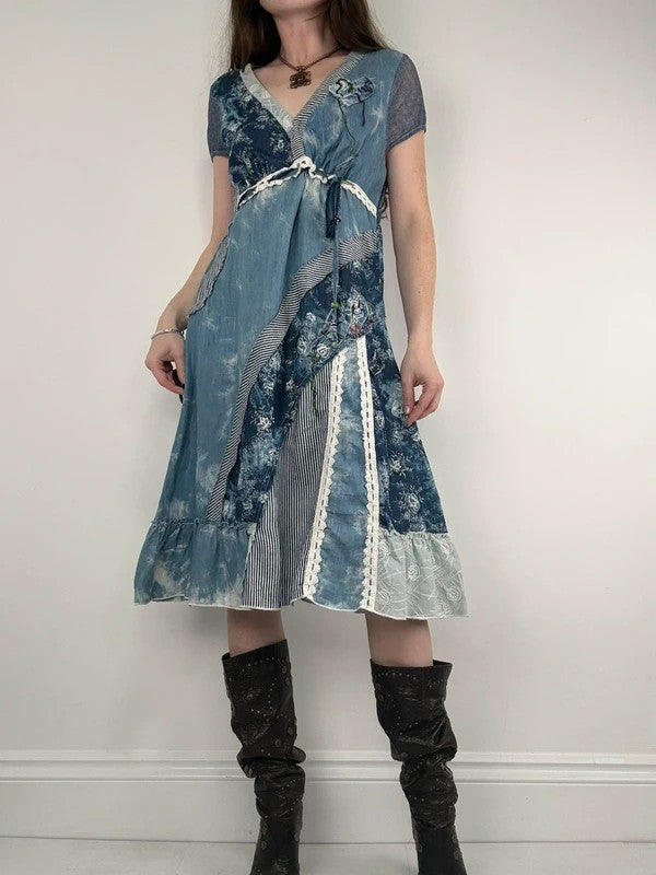 Floral lace blue flared patchwork midi dress
