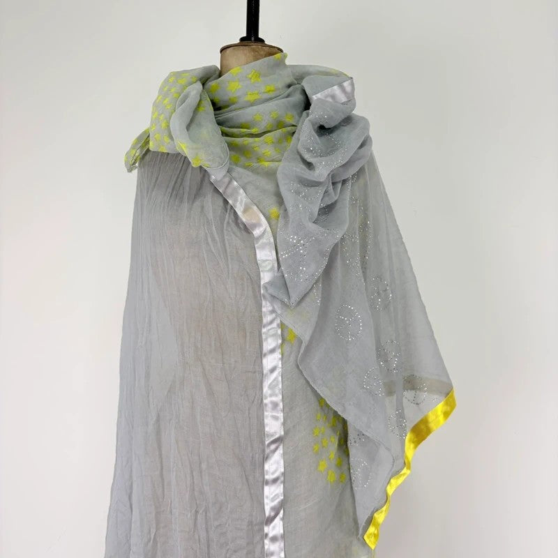Sheer grey cotton shawl boho patchwork scarf