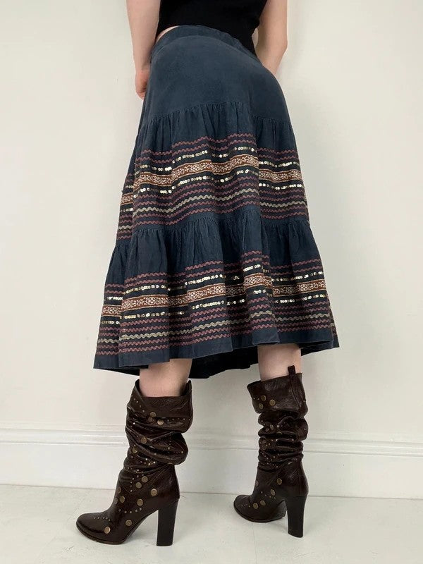 boho cord flared embroidered tiered sequin midi skirt