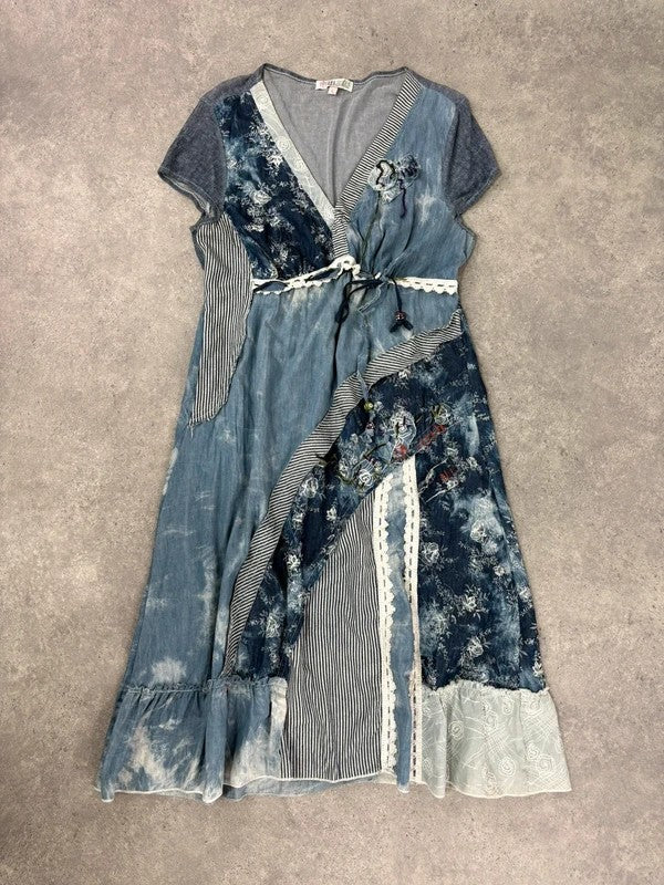 Floral lace blue flared patchwork midi dress