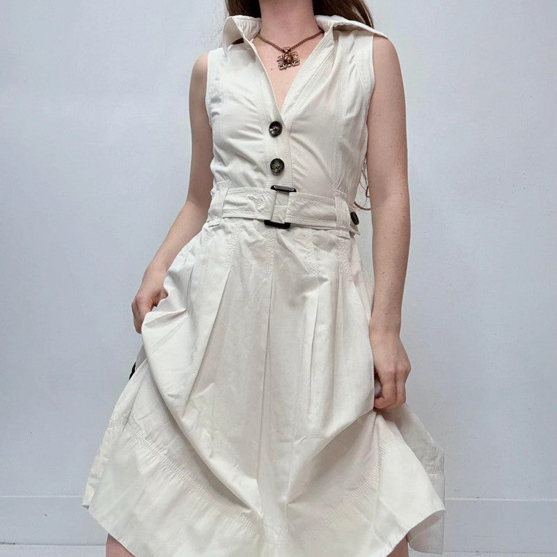 white flared button fitted midi dress