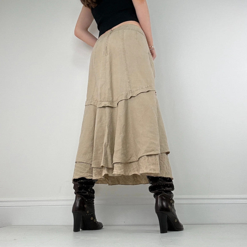 tan linen layered pinstripe midi skirt