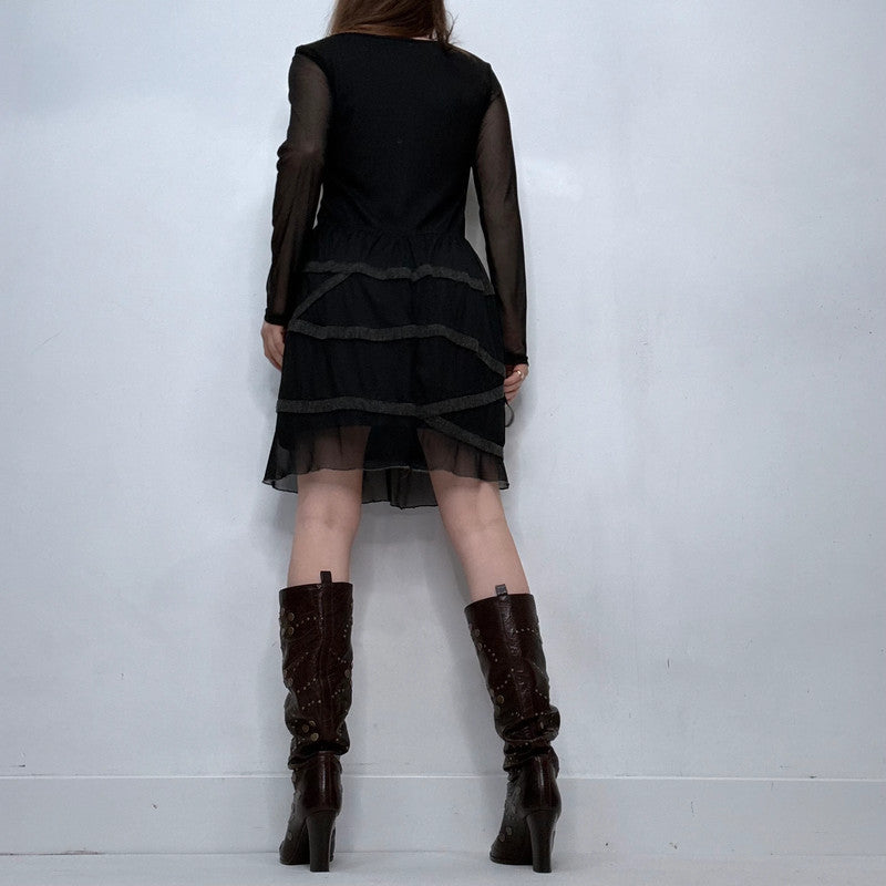 long sleeve flared mesh black dress
