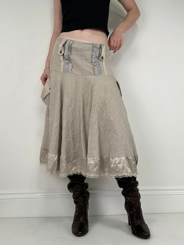 Khaki flared ruffle drop waist midi skirt