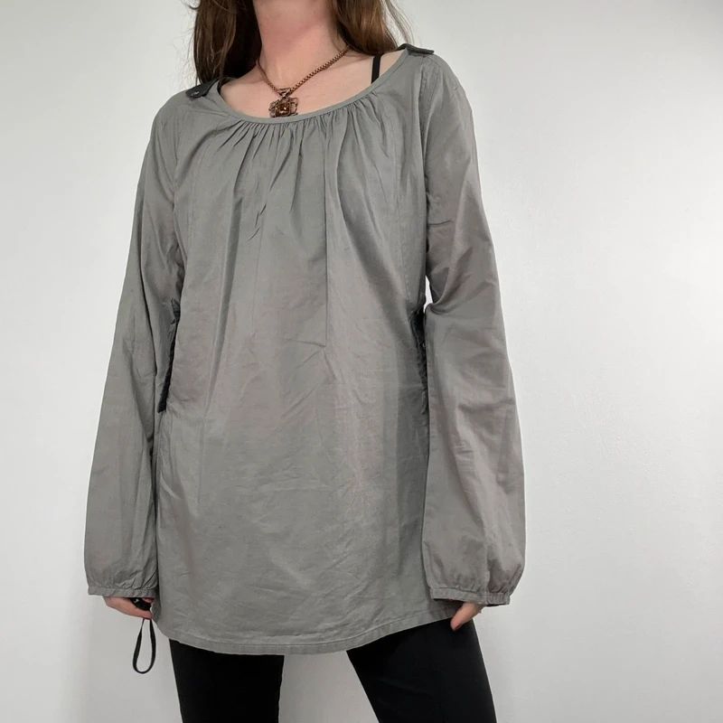 utility khaki pleated blouse with harness braces