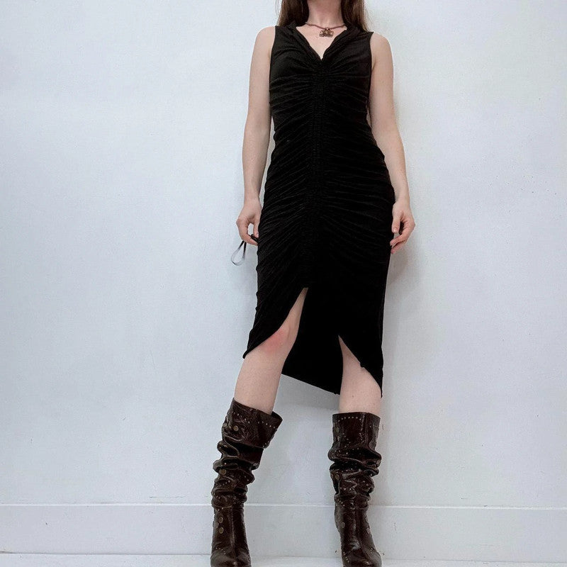 black gathered cinched allsaints silk dress