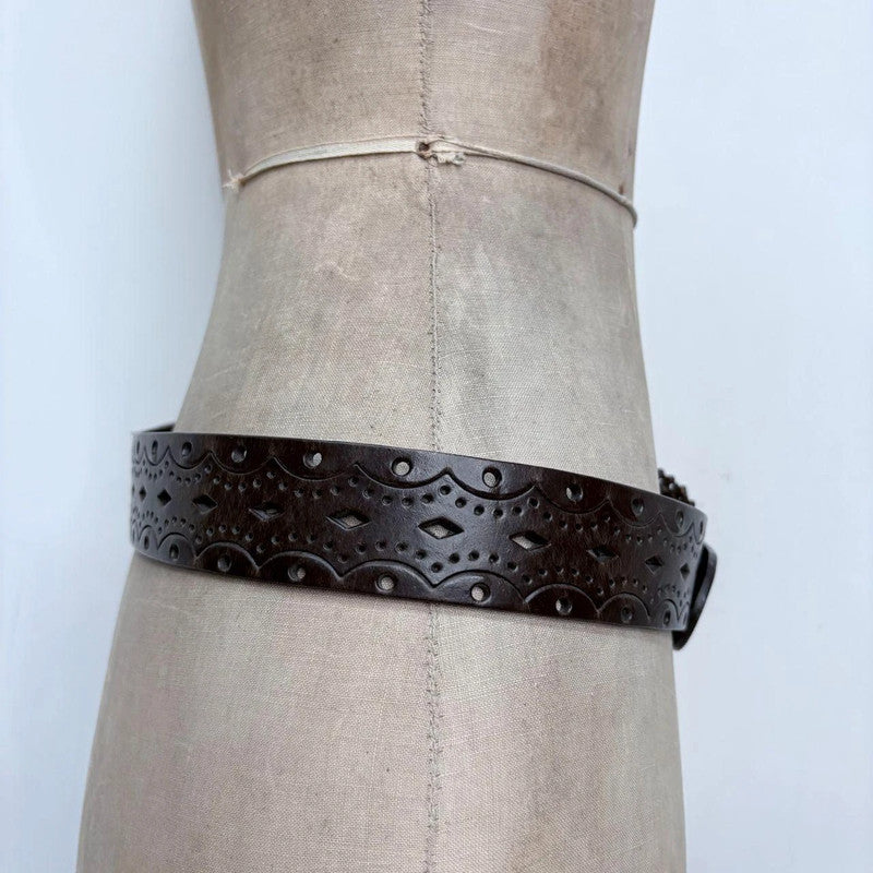 brown leather embossed boho western belt