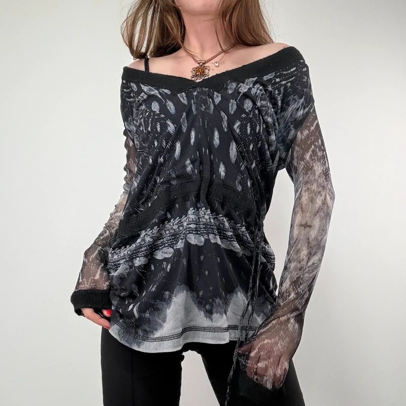 Slouchy wide neck Mohair printed Top