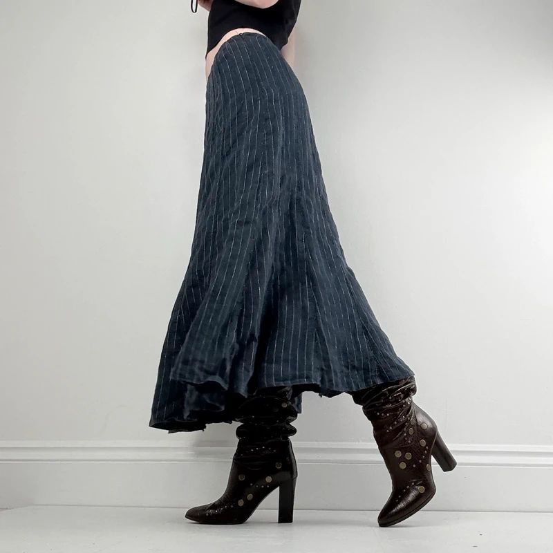 navy linen pinstripe maxi skirt