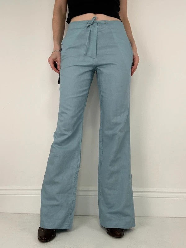 aqua blue wide leg linen trousers