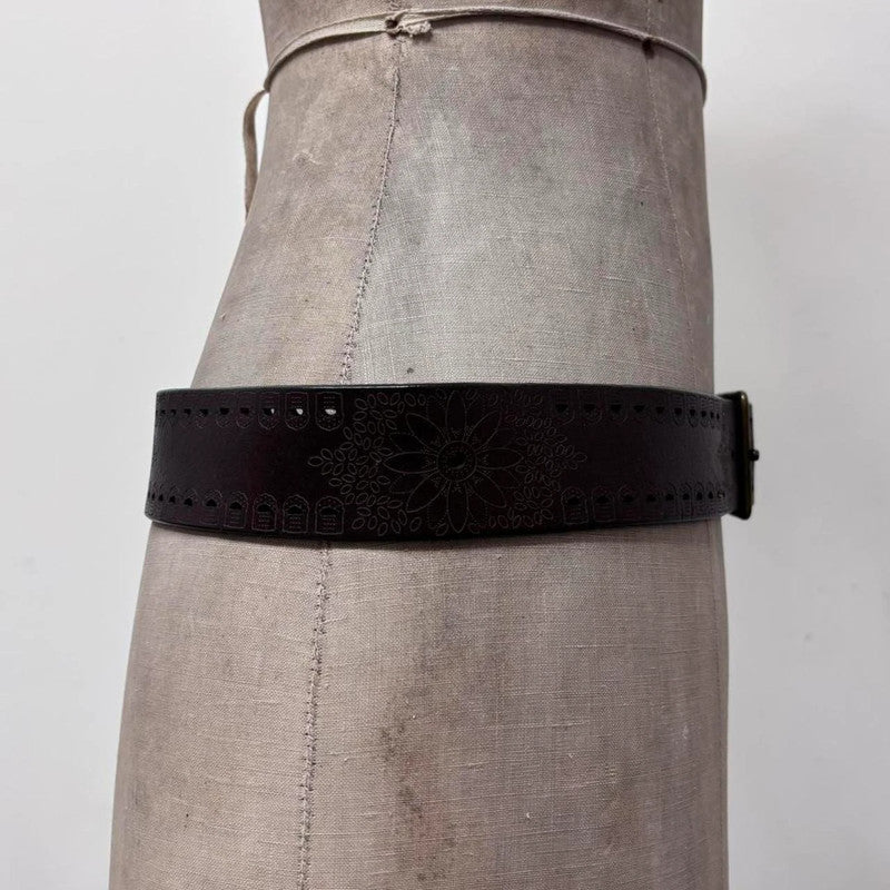 brown leather flower engraved belt