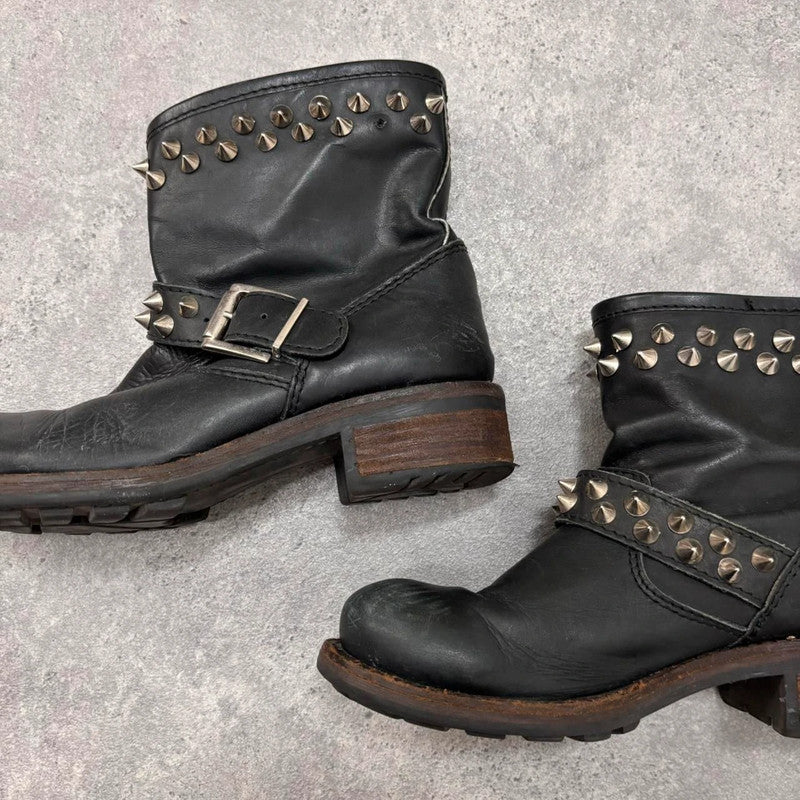 black leather punk studded boots