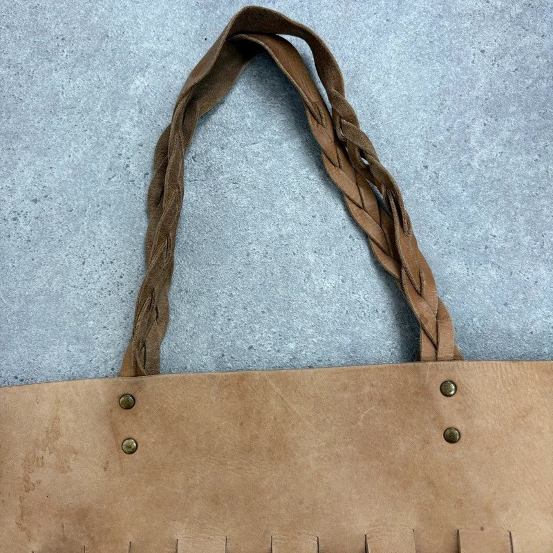 Beige leather woven distressed shoulder bag