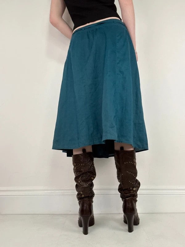 blue linen embroidered wrap lace midi skirt