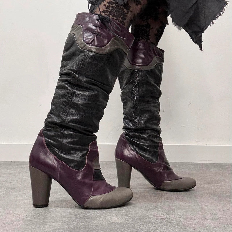 Grunge leather ruched heel boots