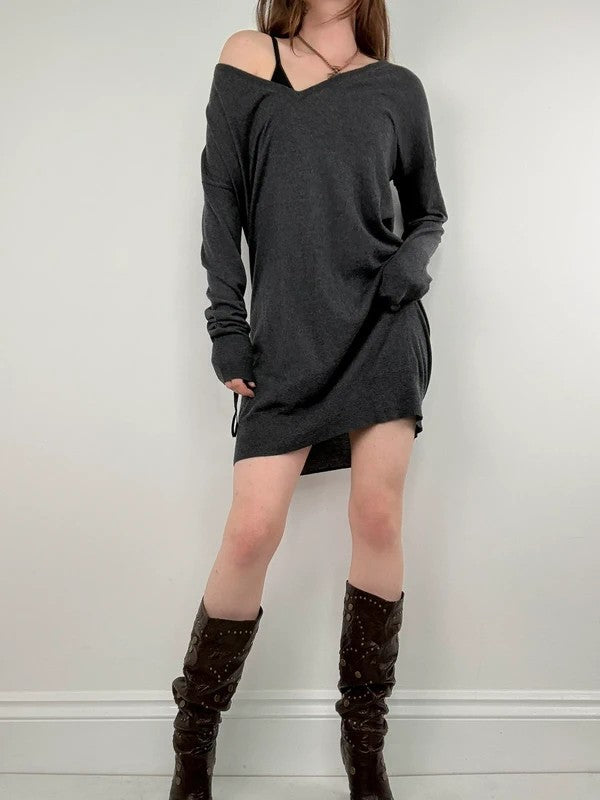 slouchy grey knitted off-the-shoulder v-neck long sleeve dress