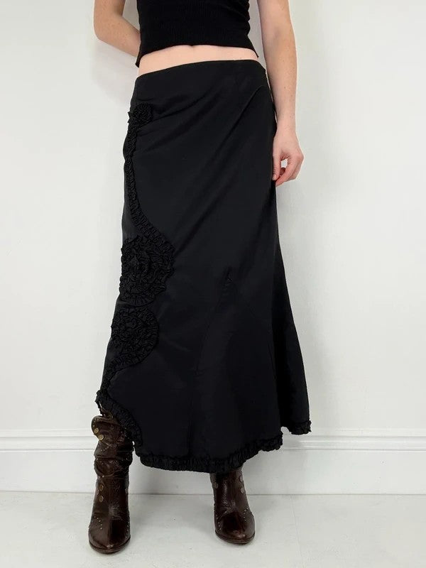 asymmetric black pleated gathered ribbon maxi skirt