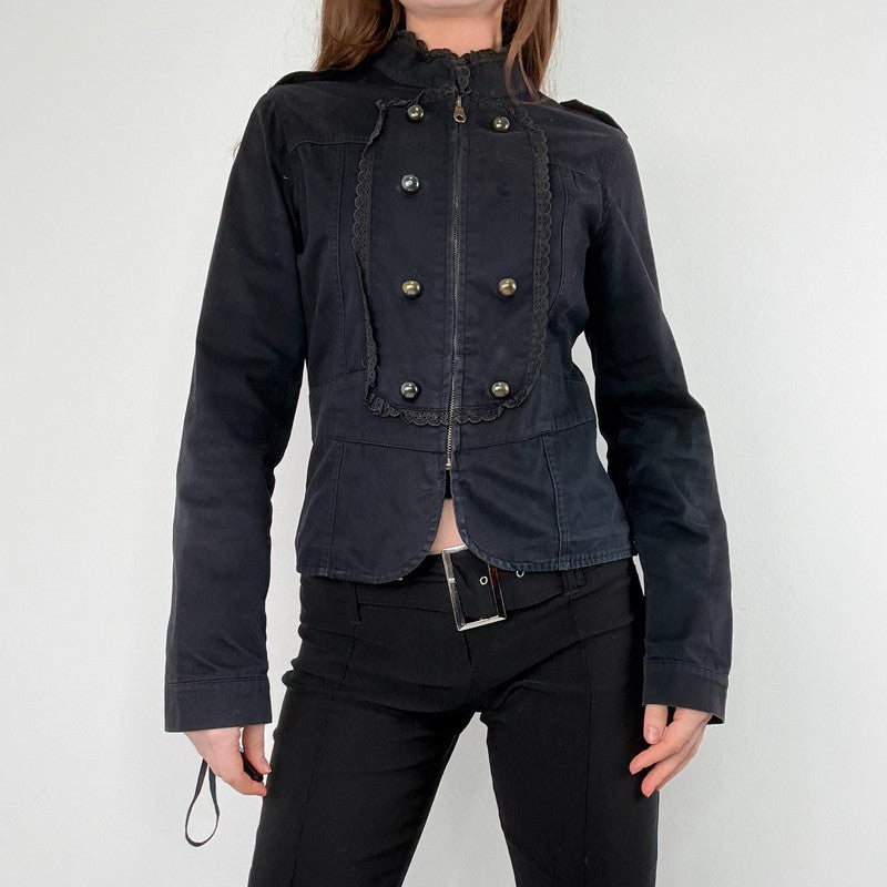 black napoleonic lace embellished cropped military jacket