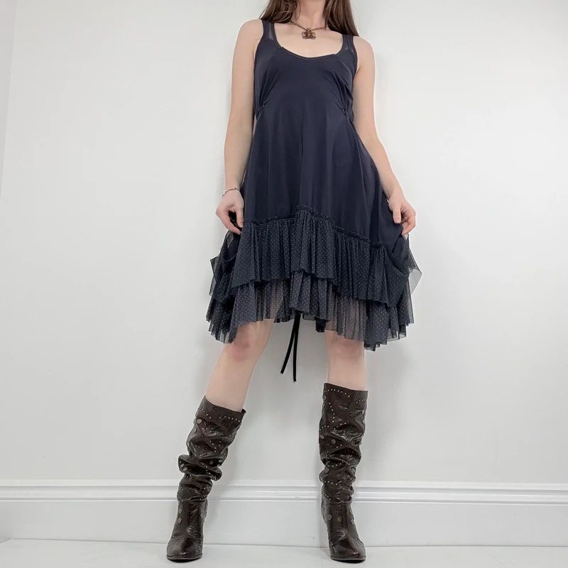 layered asymmetric tiered mesh midi dress