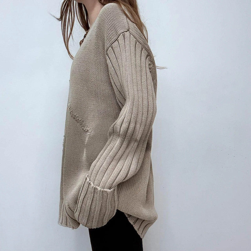 distressed chunky knit khaki rib jumper