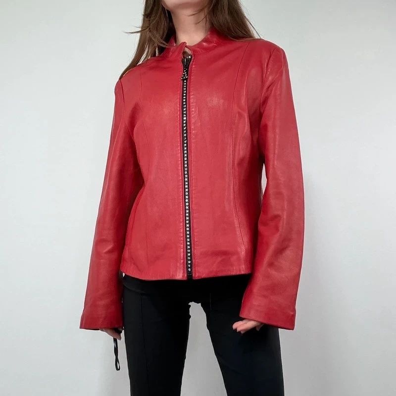 Red Studded Leather zip Jacket