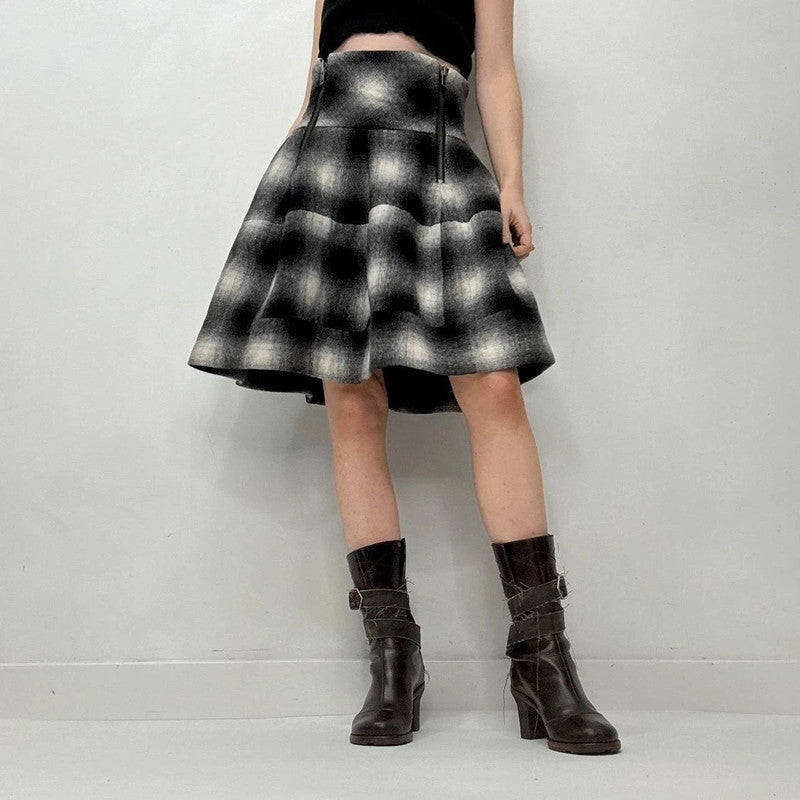 black checked puff structured skirt