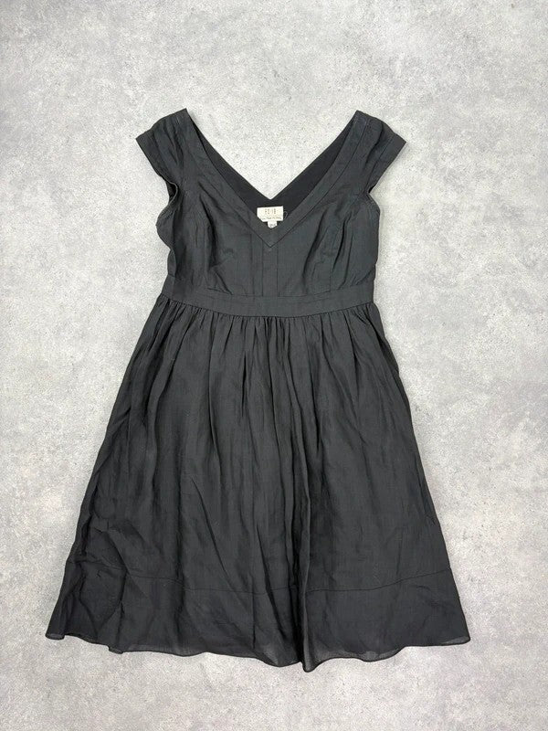 black pleated drop waist linen midi dress