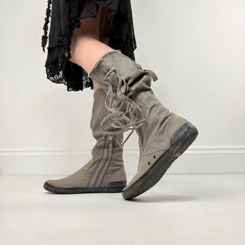 grey canvas slouchy trainer boots