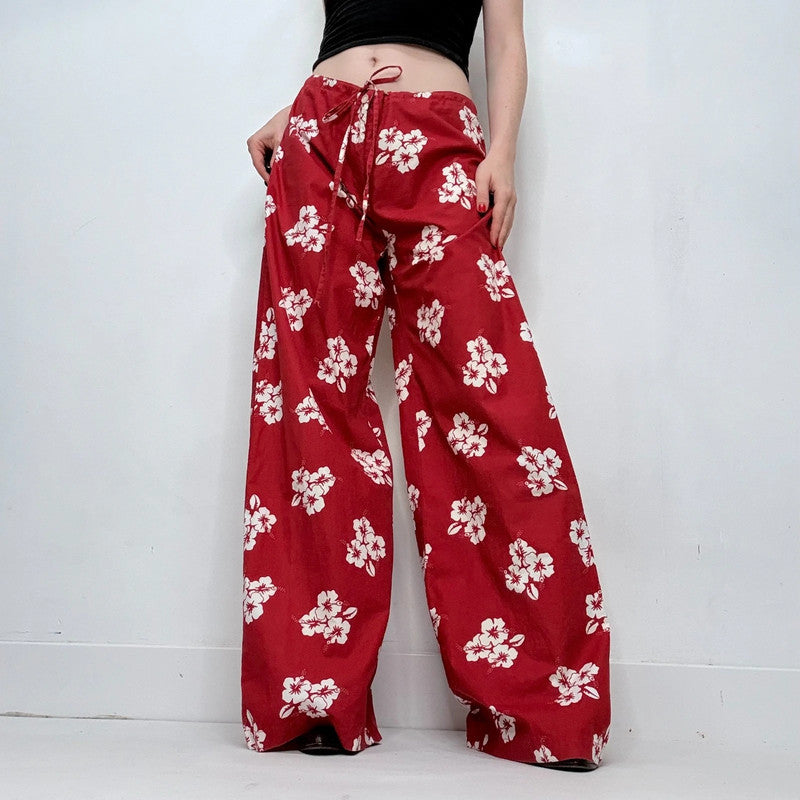 red cotton wide leg printed trousers