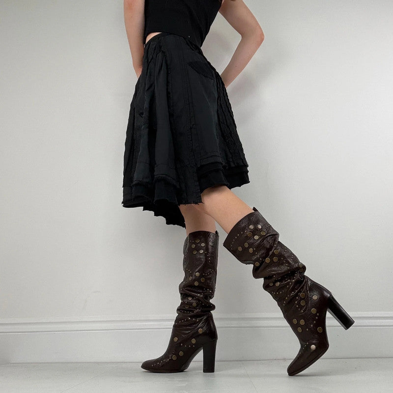 distressed black linen asymmetric flared midi skirt
