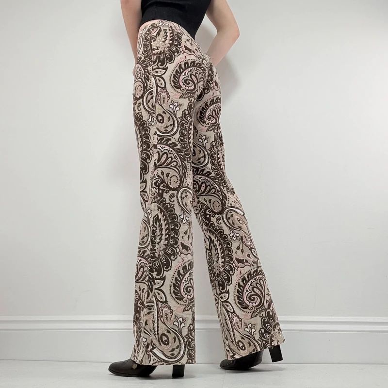brown paisley flared trousers