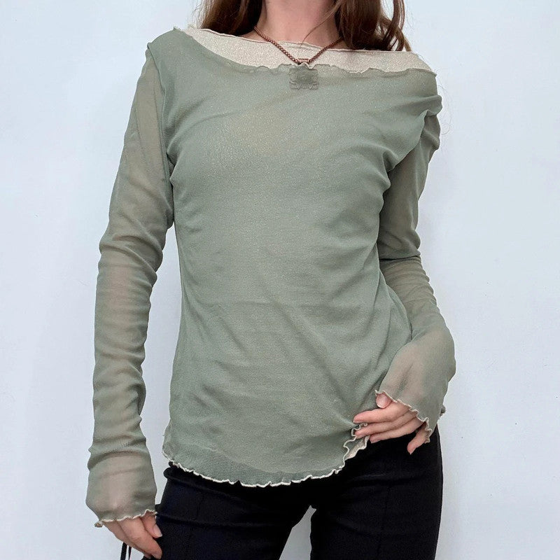sheer layered khaki green slash neck long sleeve t-shirt