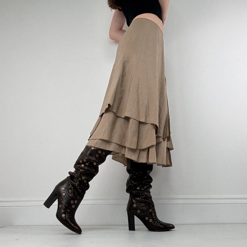 tan linen pleated asymmetric midi skirt