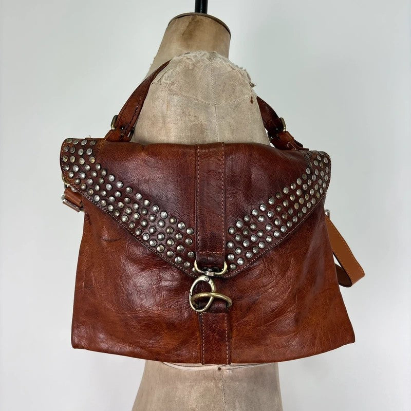 Studded distressed brown leather cargo messenger bag