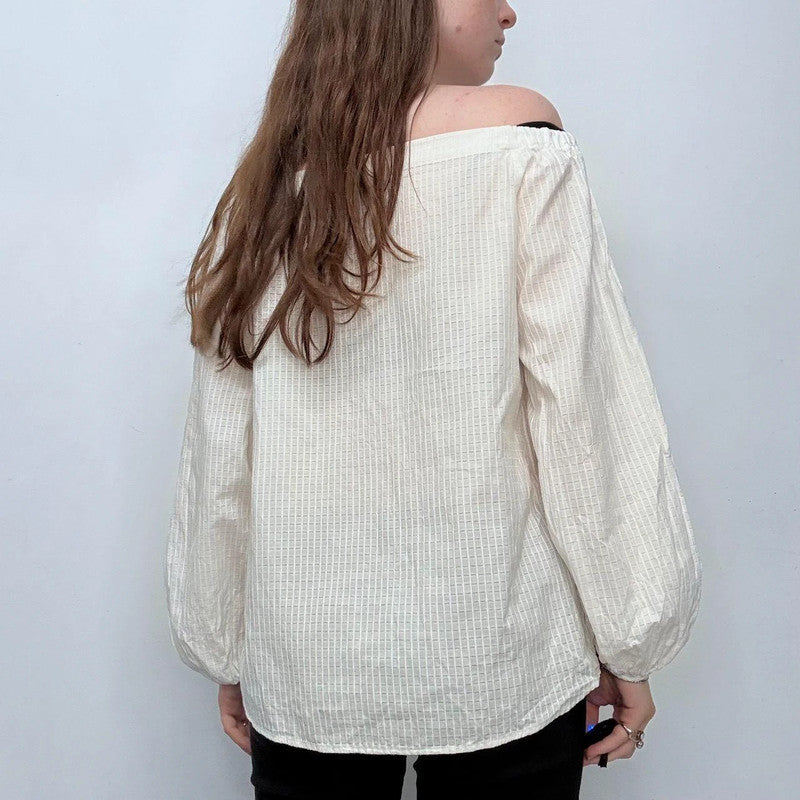 cream sheer off the shoulder puff shirt
