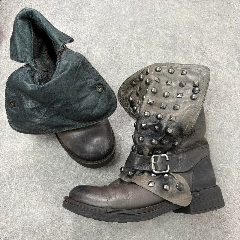 Grey studded slouchy leather boots