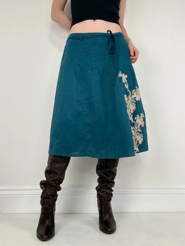 blue linen embroidered wrap lace midi skirt