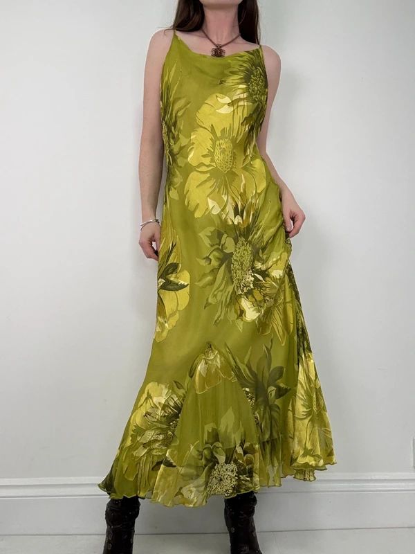 green floral watercolour silk bias cut maxi dress