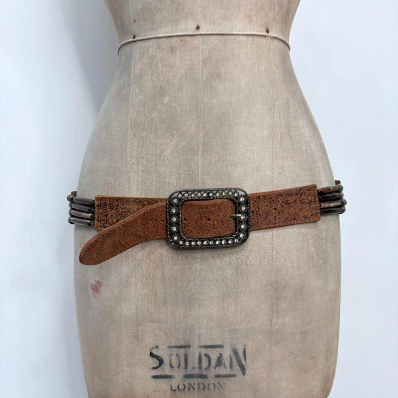 brown leather beaded western belt