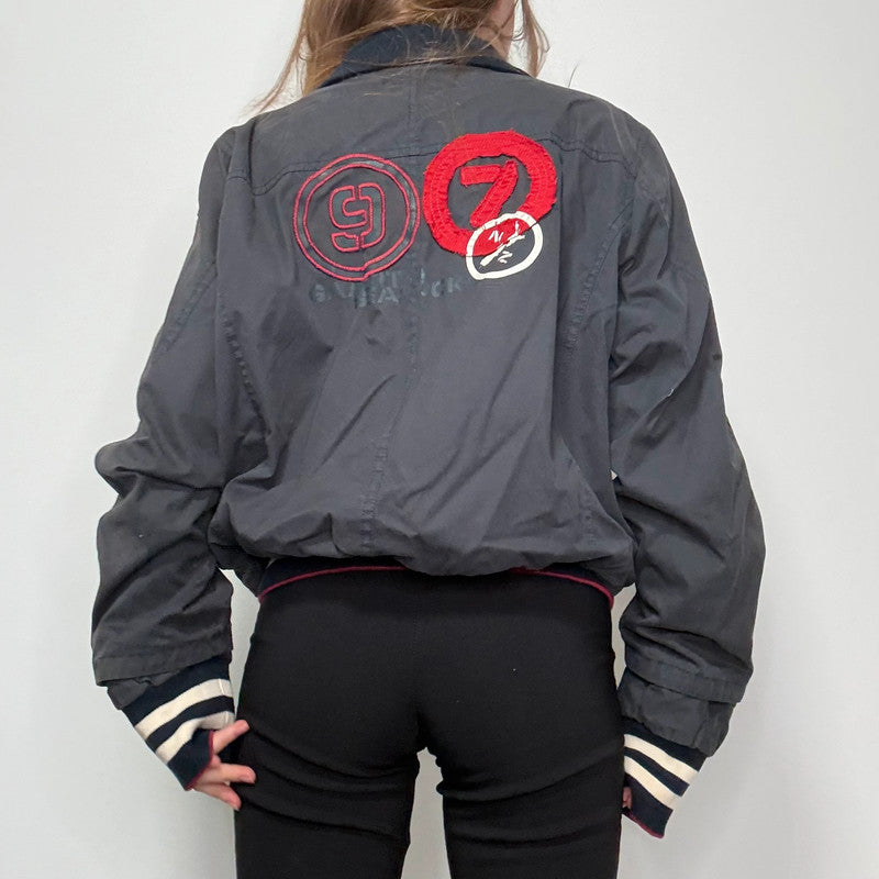 navy bomber jacket, thick striped waistband