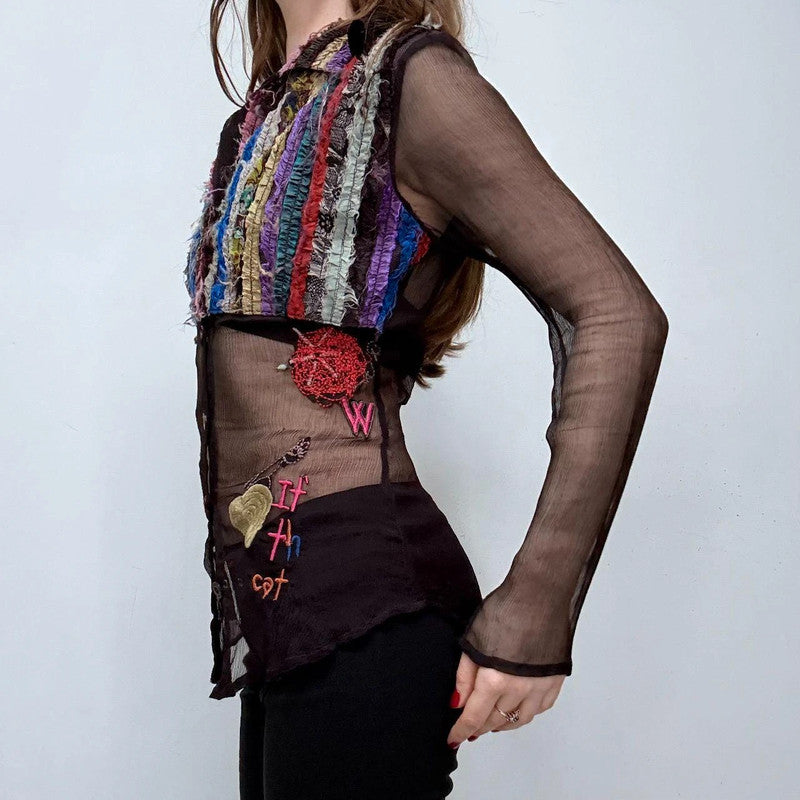 embroidered patchwork fairy sheer shirt