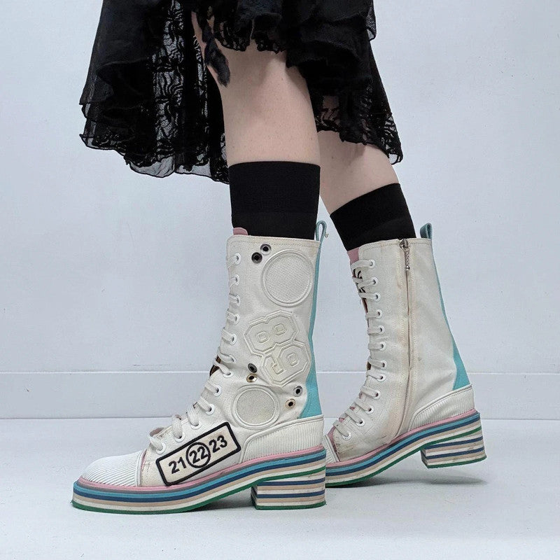 chunky patched cream lace-up margelia boots