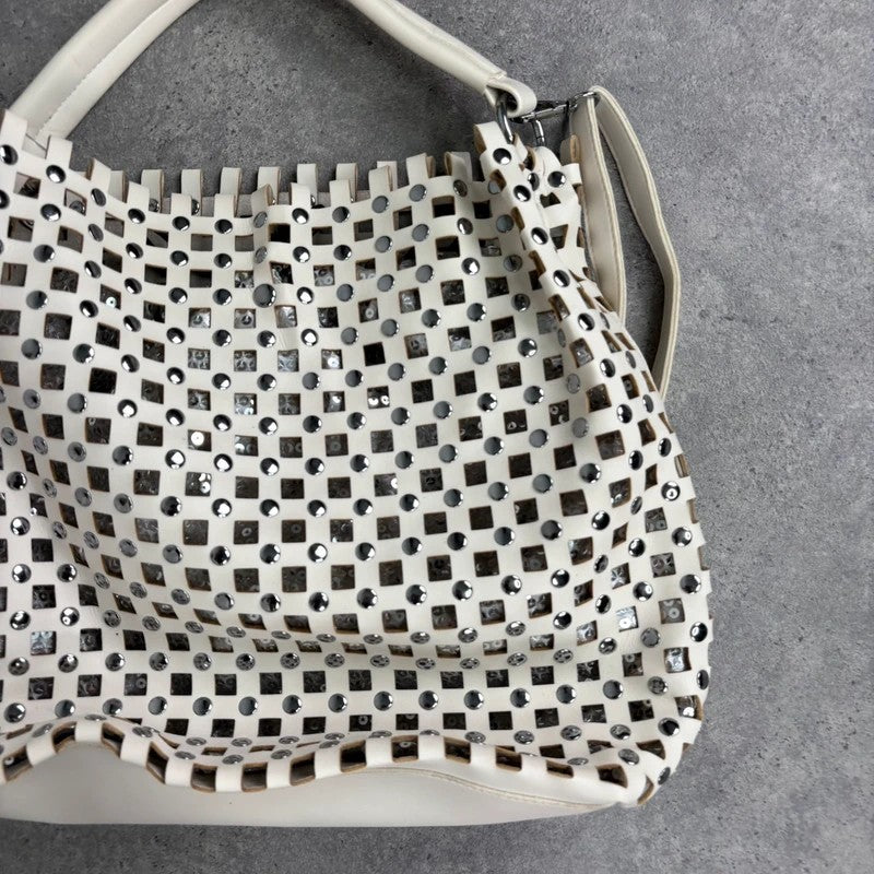 Studded faux-leather woven glitter hobo bag