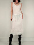 white linen bias cut drop waist maxi dress