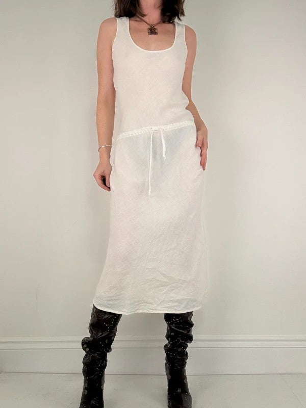 white linen bias cut drop waist maxi dress