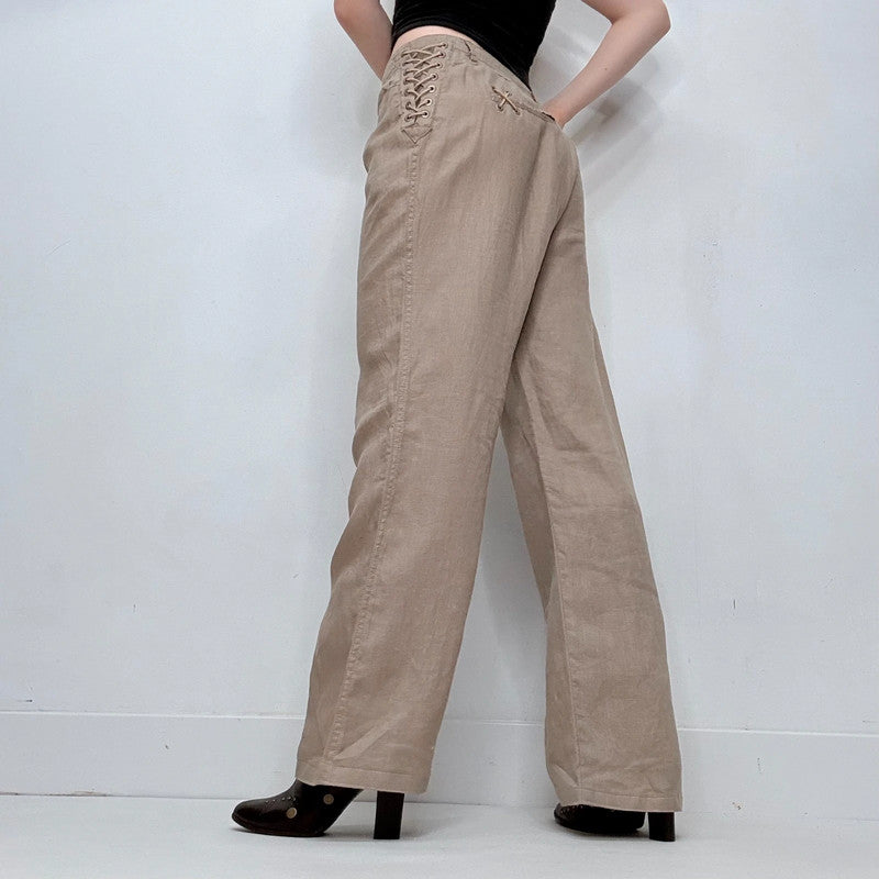 tan linen corset side lace up trousers