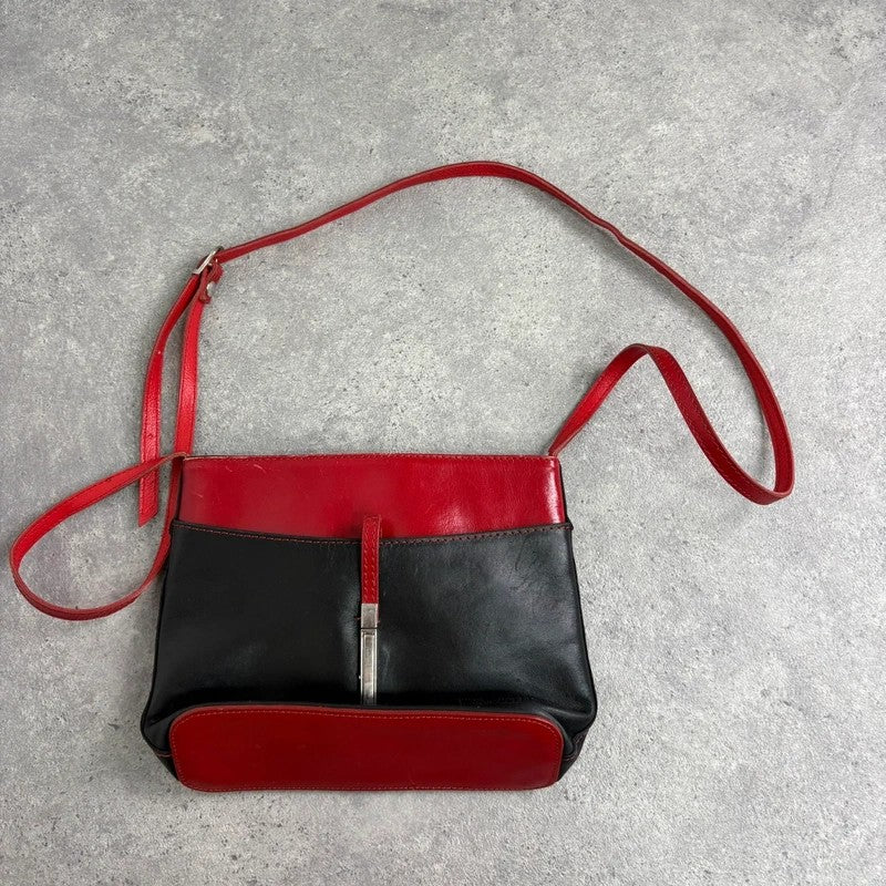 Black and red leather patient mini messenger bag