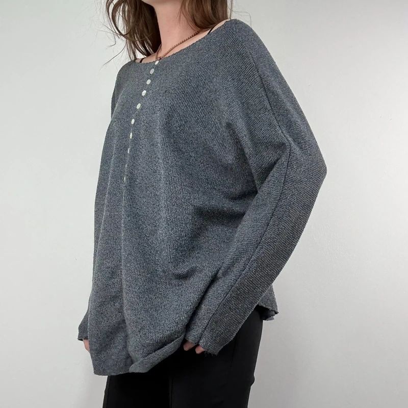 grey henley button detailed slouchy off the shoulder t-shirt