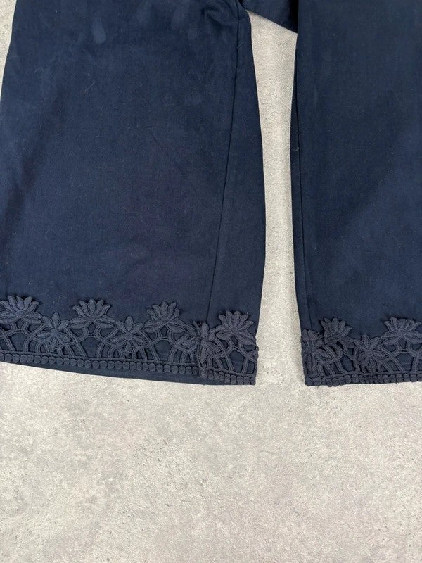 navy ultra wide leg lace hem trousers
